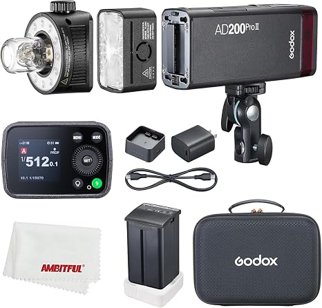 Godox AD200 Pro II AD200ProII 200Ws Portable Outdoor Pocket Strobe Flash | 1/512~1/1,1/8000 HSS,0.01-1.8s Recycle Time,2980mAh Lithium Battery,2.4G X System,Bare Bulb/Speedlite Fresnel Flash Head