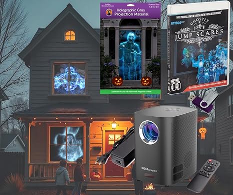 HoliScapes® USB Projector Kit - Ghostly Jump Scares + Projector + 5.5 ft x 9 ft Projection Screen