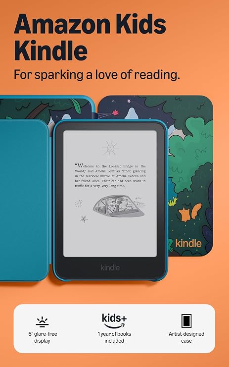 Amazon Kids Kindle 16GB (newest model), Now thinner and lighter, 6" glare-free display, weeks of battery, includes 1 year of books and Lakeside Retreat cover