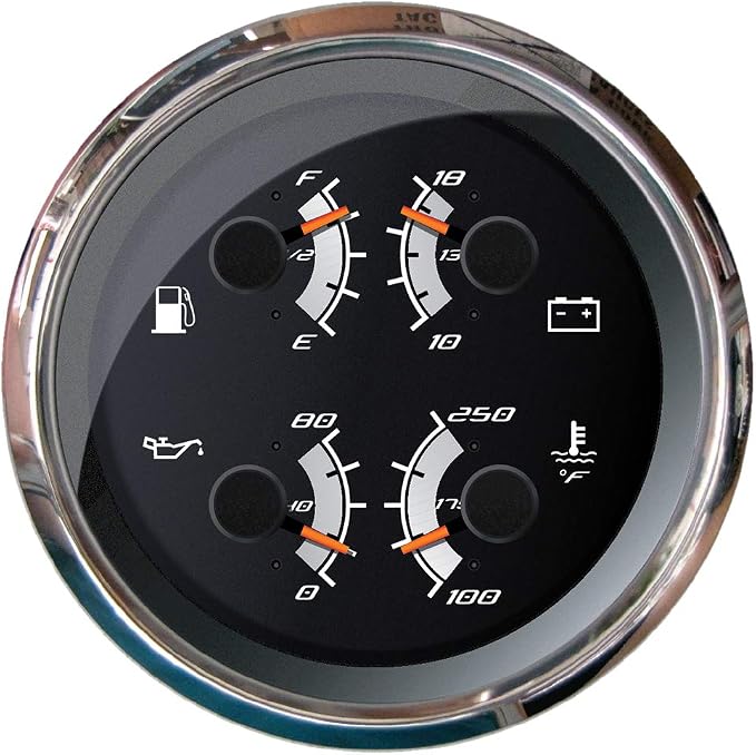 Faria Beede F22014 Multifunction Gauge - Fuel Level, Oil Pressure (80 PSI), Water Temp (120-220F), Voltmeter (10-18 VDC), 4'