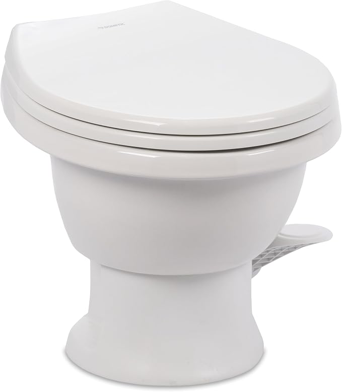 Dometic Model 411 Complete RV Toilet | Round Porcelain Bowl | Universal Fit & 2-Bolt Mount | Low-Profile 13–5/8" Seat Height | Gravity Flush Toilet with Soft-Close Seat | White - (9610008263)
