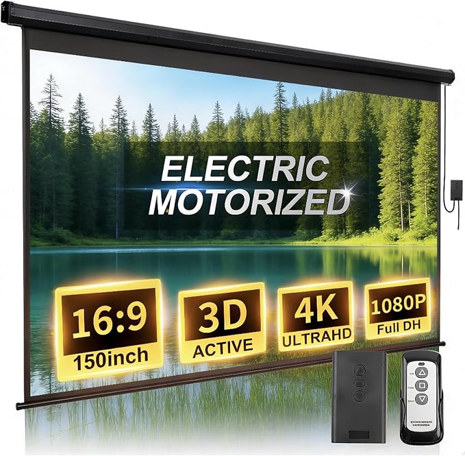 150 Inch Projector Screen Motorized Electric Rising Projector Screen Black | 16:9 HD Pull Down Movie Screens with Remote, Automatic Projection Screens Retractable Wall Mount Ceiling Outdoor Indoor
