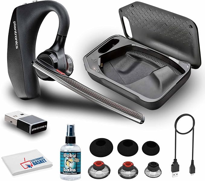 Poly Voyager 5200 UC Bluetooth Headset 7K2F3AA Bundle with Goby Labs Cleaner, Fiber Cloth, Ear Tips, Case, Cable