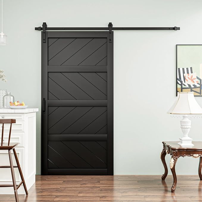 4 Panel Black Barn Door with Hardware kit, 36" x 84" | Paneled Solid Manufactured Wood Barn Door with Installation Hardware Kit