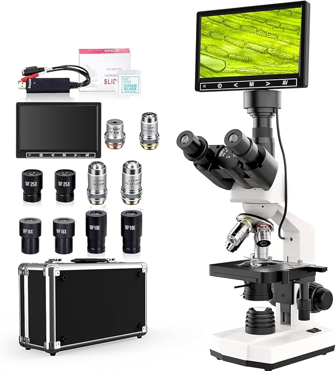 Lab Trinocular Compound Microscope with 40X-2500X Magnification, Dual-View Microscope for Adults Kids Student with 7’’ Screen, Built in 5MP Camera, Dual Illumination, Abbe Condenser (White)
