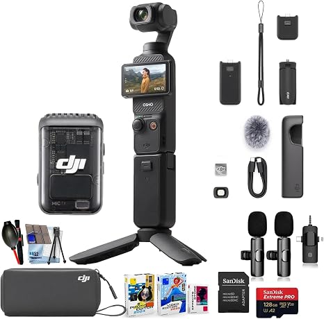 DJI Osmo Pocket 3 Creator Combo, 1'' CMOS, 4K Resolution/120fps Vlog Camera, 3-Axis Stabilization Bundle + Accessories Including 128GB Extreme Card, Editing Software Package, Starter Kit
