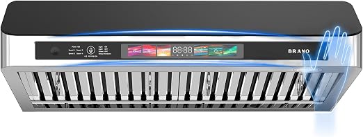BRANO Under Cabinet Range Hood 30 Inch with Voice/Gesture/Touch Control, 900 CFM Kitchen Hood Vent with 4-Speed Exhaust Fan, Memory Mode, Adjustable Lights, Baffle Filters