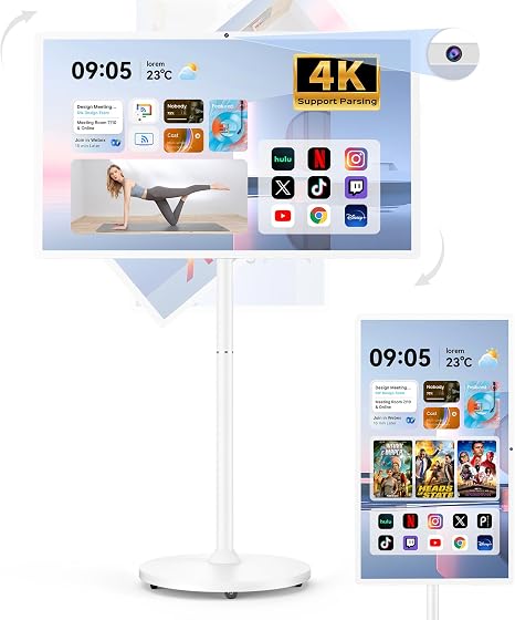 Bisprico 32" Portable Smart TV on Wheels, Qualcomm CPU, EDLA-Certified, Built-in 22000mAh Battery, 16+128GB, Android 14 OS Rolling Tablet TV, Full Swivel Rotation, Remote Control, 13MP Webcam