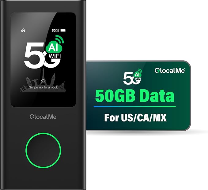GlocalMe Numen Air 5G Mobile Hotspot with 50GB US/CA/MX Data 90Days | Portable WiFi Hotspot for Travel in 200+ Countries, High Speed, Touch Screen, No SIM Card Required, 16 Connected Devices