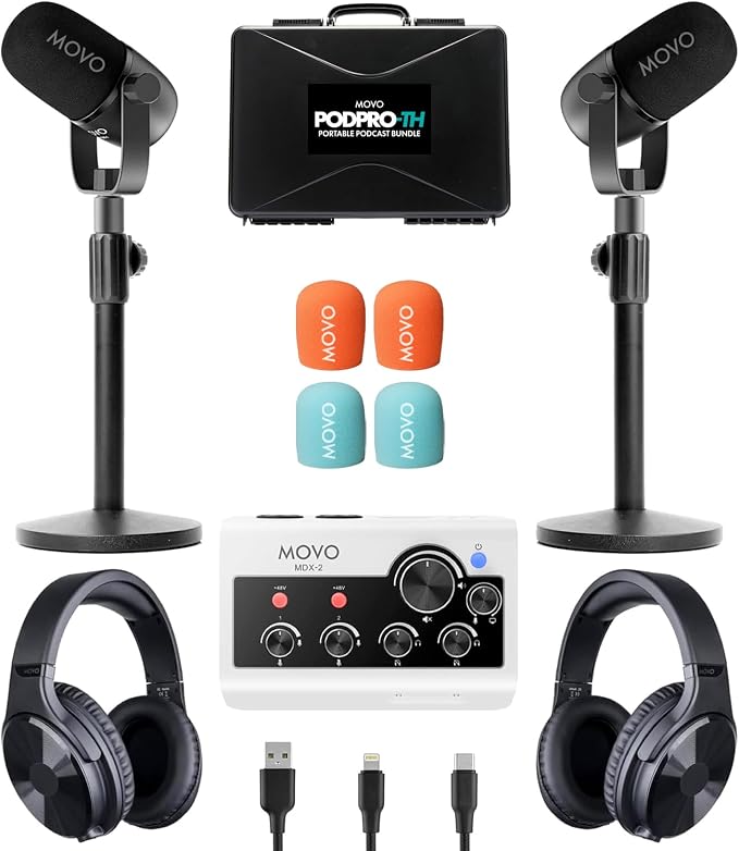 Movo Portable Podcast Equipment Bundle for iPhone/Android Phones- Podcast Kit with Audio Interface, 2 CastMic Dynamic Mics, 2 Stands - For Smartphones, Computers (with Desk Stands and Headphones)