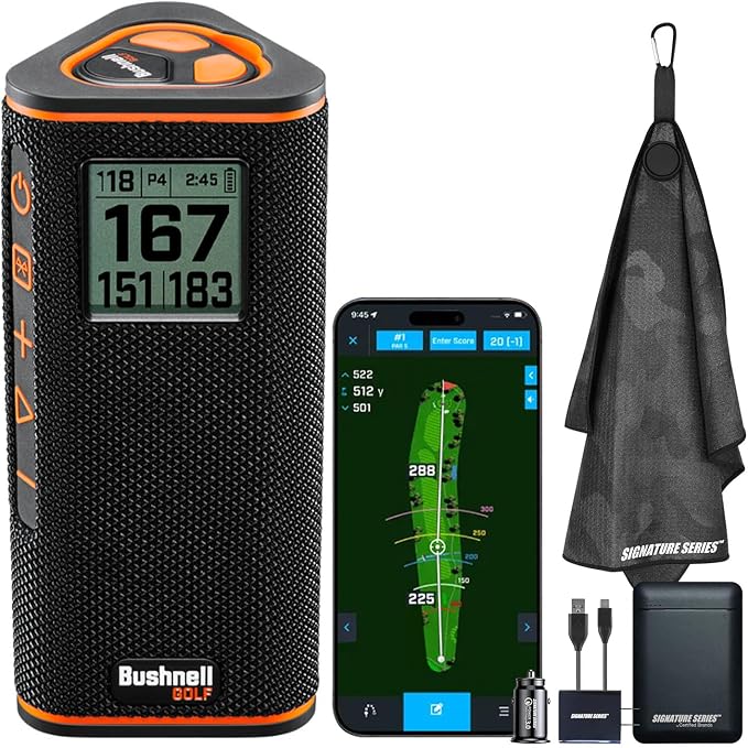 Bushnell Golf Wingman View GPS Speaker | LCD Screen, Magnetic Mount, Music & Audible Distances for 36,000+ Courses, Wireless Remote, 36-Hole Battery, Hazard Info, Signature Series Power Bundle