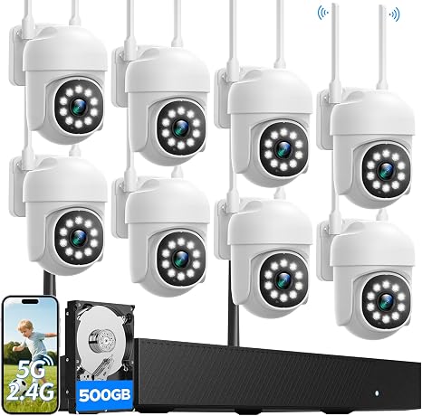 CAMCAMP Home Security Camera System 8pcs Security Cameras Wireless Outdoor | Auto Human Tracking 355° View 2-Way Audio Color Night Vision 2.4&5G WiFi /Wired Powered, 16CH 24/7 Recording Surveillance Kit