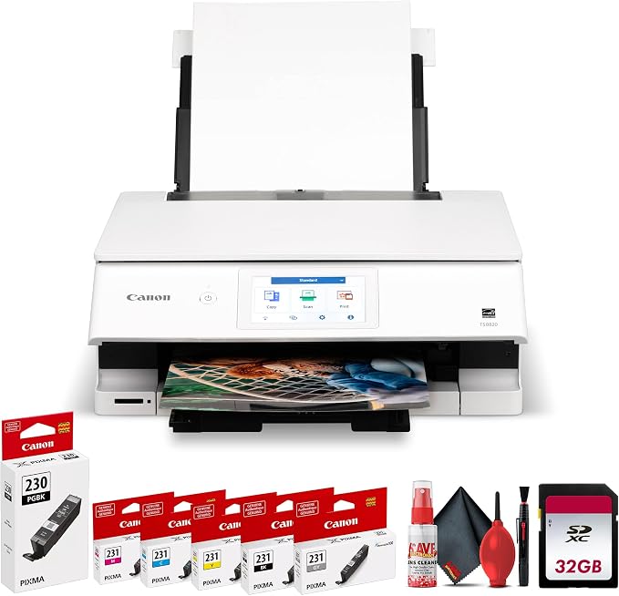 Canon PIXMA TS8820 Wireless All-in-One Inkjet Printer Bundle | For Home Office Creative Projects Everyday Documents | Print Copy Scan + 32GB Memory Card + More