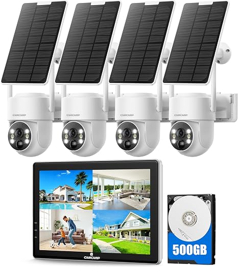 Camcamp Solar Security Cameras Wireless Outdoor with 10" Monitor, 4 Cam Kit