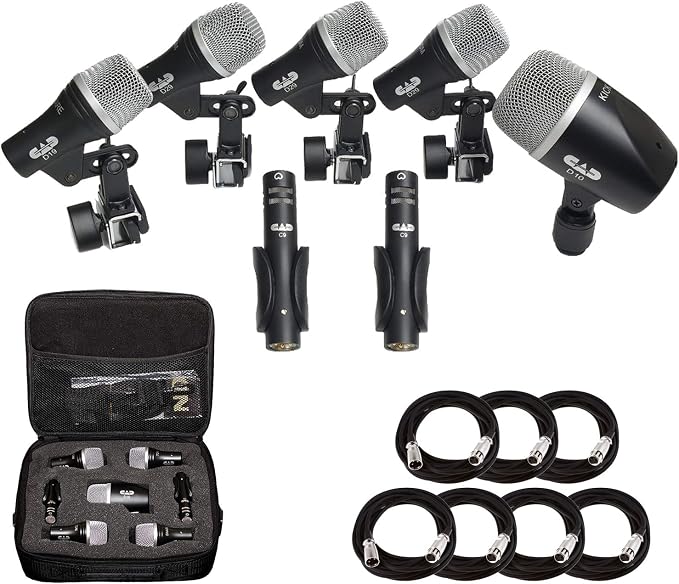 CAD Audio Stage7 Premium 7-Piece Drum Instrument Mic Pack with Vinyl Carrying Case + 7 On Stage Microphones Cables, 20 Feet