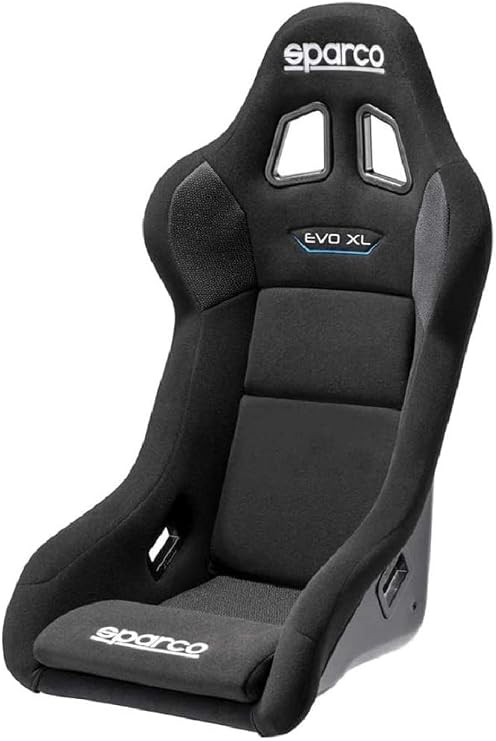 Sparco Seat, EVO X-Large QRt, Non-Reclining, FIA Approved, Side Bolsters, Harness Openings, Fiberglass Composite, Fire-Retardant Non-Slip Fabric, Black, Each