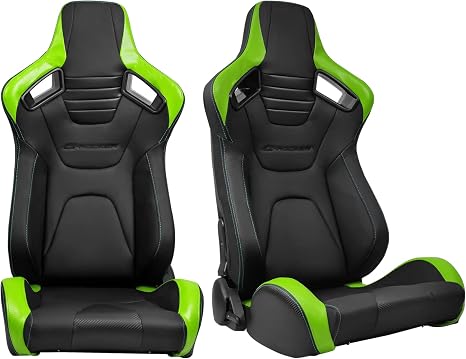 Universal Reclining Racing Seats Pair, PU, Black/Green 09-1