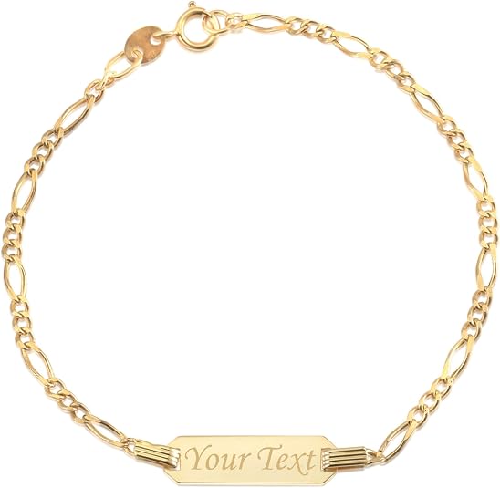 14k Gold ID Bracelet Engravable Girls Boys Kids Baby Infant, Personalized Figaro Curb Chain Name Bracelets for Babies Newborn Toddler Child Girl Boy Yellow Gold, Made in Italy