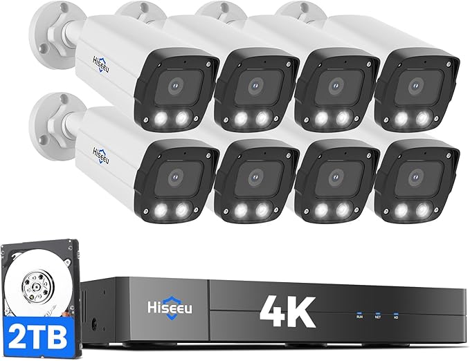 Hiseeu 8MP PoE Security Camera System, 8 Pcs IP Security Cameras | 4K HD , 0 Monthly Fee, 4K Security Camera Outdoor & Indoor, 121° Wide View, Color Night Vision, 2TB HDD for 7/24 Record