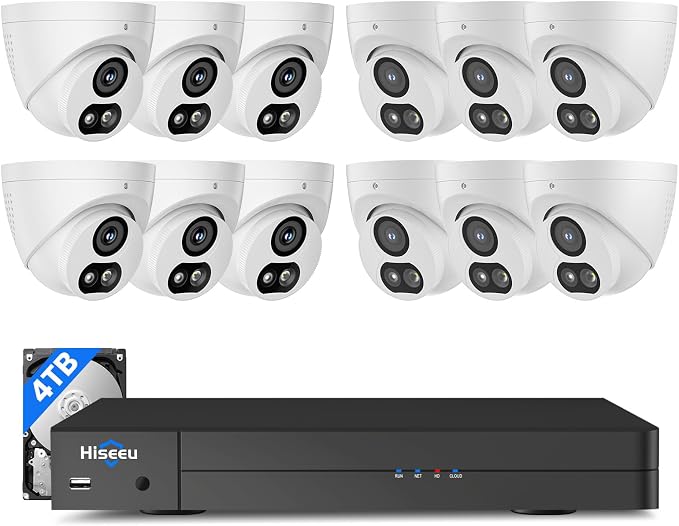 Hiseeu 12MP NVR 12 Pcs 4K PoE Security Cameras, 4TB HDD | 4K HD, 121°Wide View, 2 Way Audio, Color Night Vision, Human Vehicle Detect, 7/24 Record, 0 Monthly Fee