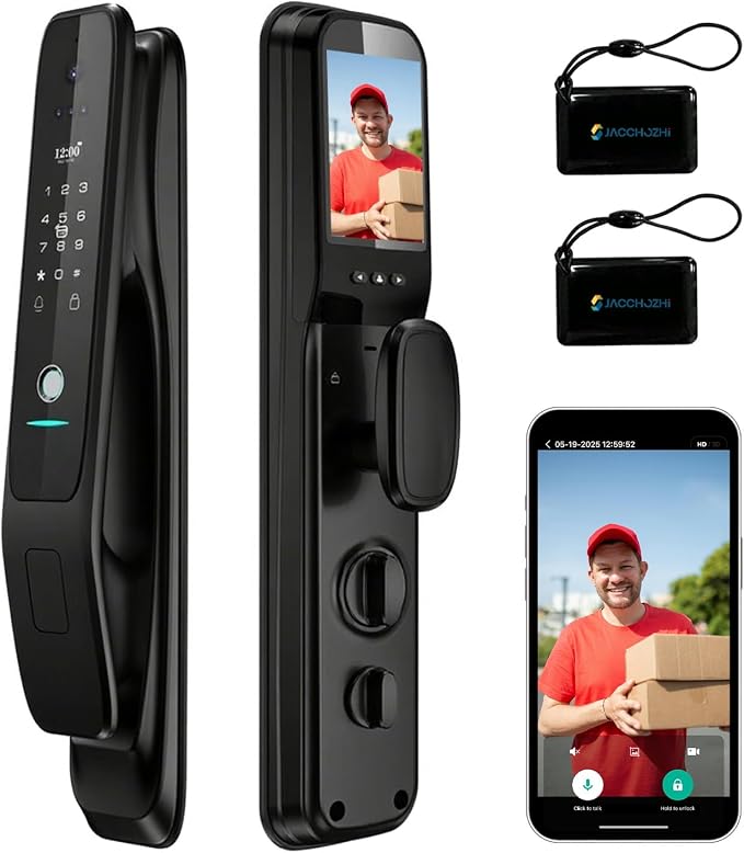 3D Face Recognition Smart Lock with Camera & Doorbell | Palm Vein Fingerprint Keypad Door Handle, Video Doorbell, 4" IPS Screen, WiFi Mortise Lock for Front Door, Tuya, Waterproof