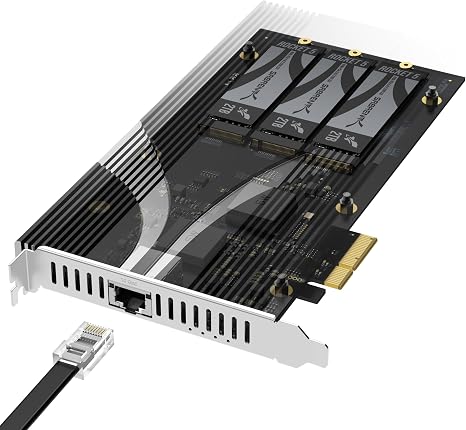 SABRENT PCIe 3.0 x4 Card, 10GbE + 3X M.2 NVMe SSD Slots (EC-PM2L) | No bifurcation required; tool-free aluminum heatsink; supports 2230-2280; NAS/server/PC