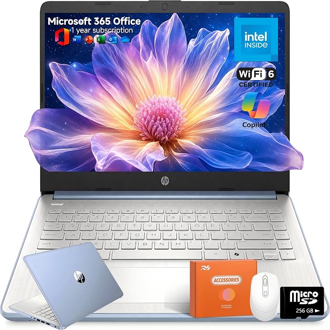 HP 14 Laptop for Students and Home Use, Intel Processor N150, 16GB RAM | 128GB UFS+256GB MSD, 14" HD Display, Wi-Fi 6, 1-Year Microsoft 365, Copilot AI Key, Lightweight, Sky Blue, W/Mouse