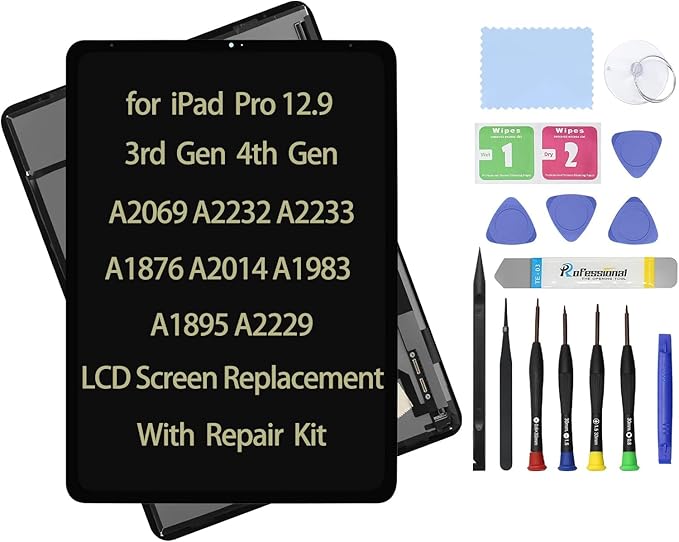12.9" LCD Screen Replacement Compatible with iPad Pro 12.9 3rd Gen A1876 A2014 A1983 A1895 4th Gen A2069 A2232 A2233 A2229 Display LCD Assembly and Glass + Touch Digitizer + Repair Kit