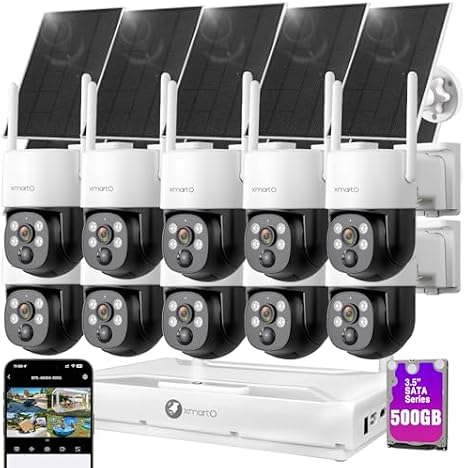xmartO Solar Camera Outdoor Wireless, 10 PCs QHD 4MP PTZ AI Tracking Security Camera Bundle, 4K 10CH Expandable WiFi NVR, All-Weather Solar Charge, 2-Way Audio, PIR Sensor, No Monthly Fee, 500GB