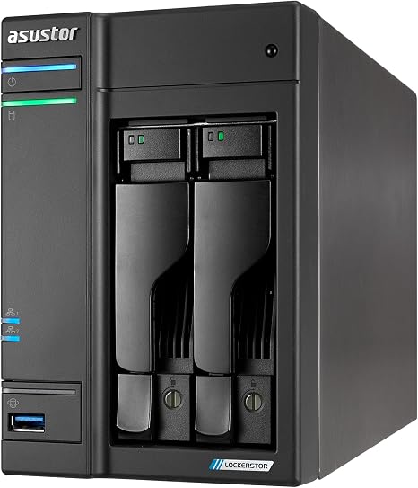 Asustor Lockerstor 2 Gen2+ AS6702T v2 2 Bay NAS, Intel Quad-Core CPU, Dual 5GbE Ports, 4GB DDR4, 4 M.2 SSD Slots, HDMI, Plex Media Server, Video Editing, Creator, Network Attached Storage (Diskless)