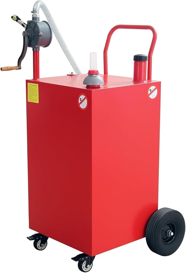 50 Gallon Fuel Caddy With Wheels - Heavy Duty Steel Gas Can With Hand Pump - Portable Fuel Transfer Tank for Gasoline, Diesel, Kerosene - Wide Mouth Design for Construction, Farm, ATV, Generator