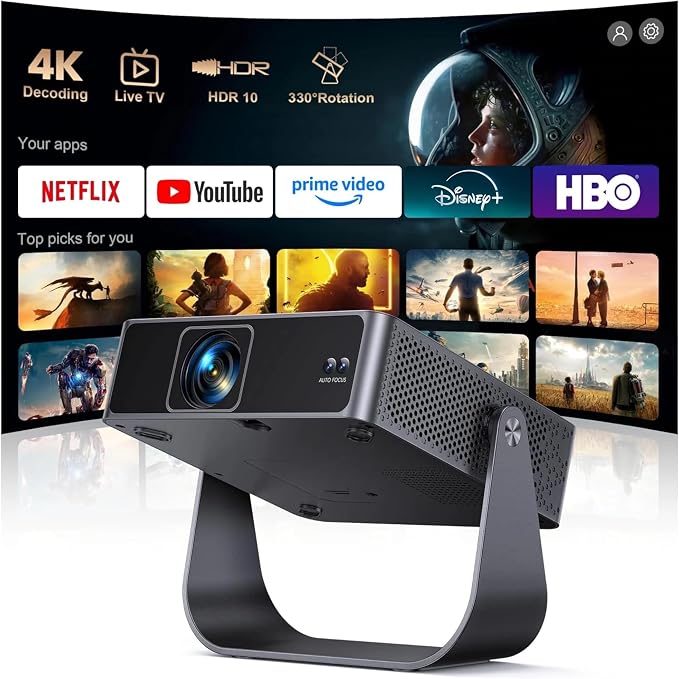 [Official Apps & Live TV & 330° Stand]Smart Mini Projector with WiFi and Bluetooth Ultra-thin, 4K Support Outdoor Movie Projector, Auto Focus, HDR10, Portable 1080P Projector for Bedroom/Home/Celling