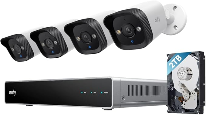 eufy PoE NVR System E40, 4-Cam, 2TB HDD, PoE Wired | 24/7 Recording, Up to 16CH, 4 4K Bullet Cams, Wired Outdoor, 122° FOV, Color Night Vision, AI Detection, Red & Blue Strobe