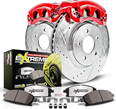 PowerStop Front Brake & Caliper Kit for Honda Civic 2001-05 - Z26 Carbon-Fiber Ceramic Brake Pads + Drilled & Slotted Disc Rotors + Red-Powder Coated Calipers, KC690A-26