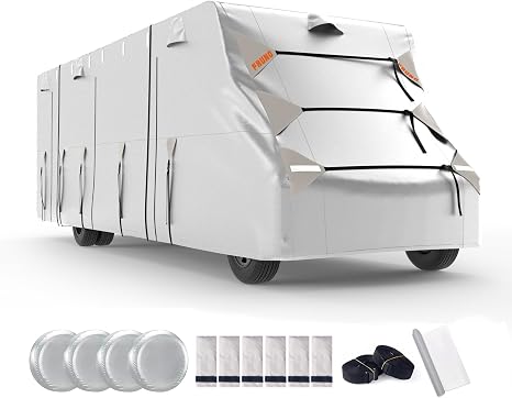 FRUNO Oxford Fabric Class C RV Cover Fits 23'-26' Waterproof Rip-Resistant Anti-UV Motorhome Camper Cover for Winter Snow with 4 Tire Covers and Gutter Covers