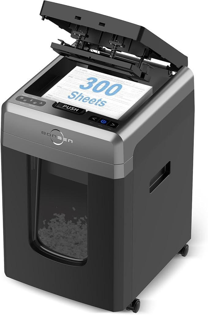 BONSEN 300-Sheet Auto Feed Micro Cut Heavy Duty Paper Shredder for Office | 60-Min Run, P-4 High Security, 2-in-1 Mode with Anti-Jam System, 58dB Ultra-quiet, 8.1-Gal Bin with Casters S3113