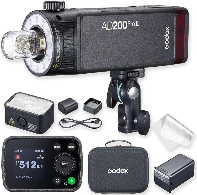 Godox AD200 Pro II AD200Pro II AD200ProII 200Ws TTL Pocket Flash, HSS | Improved Heat Dissipation, Dual Flash Heads, 40W Bi-Color Modeling Light, Color Screen, 500 Full Power Flashes, 1/512 Output