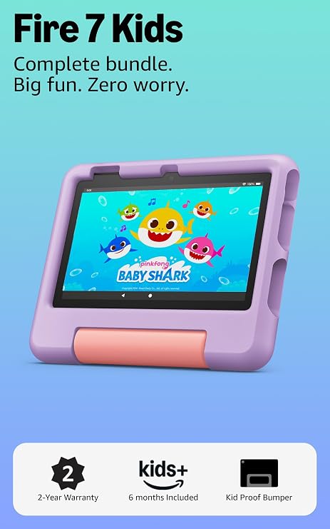 Amazon Fire 7 Kids tablet (newest model) ages 3-7. Top-selling 7" kids tablet on Amazon. Includes ad-free and exclusive content, easy parental controls, 10-hr battery, 16 GB, Purple