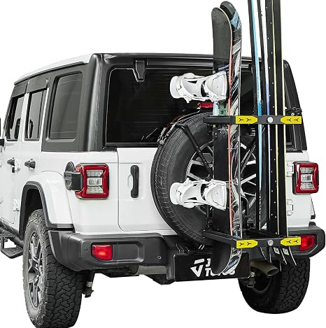 JOYTUTUS Spare Tire Ski Rack Fits Spare Tire 30.5"-36.5" Diameter 10"-11.5" Width | 4 Snowboards & 6 Skis Carrier | Lockable & No-Tool Installation | Compatible with Most Wrangler Bronco SUVs
