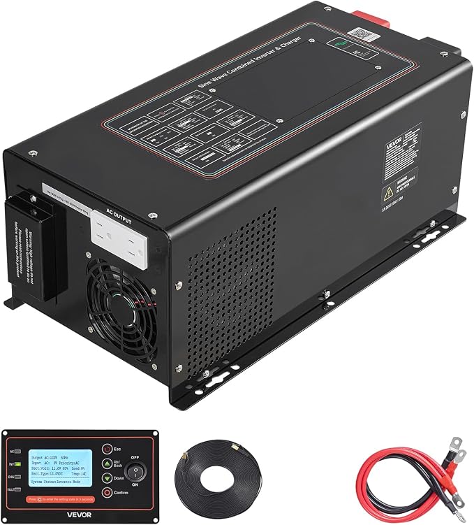 VEVOR Pure Sine Wave Inverter Charger, 3000W, DC 12V to AC 120V Power Inverter with LCD Display, Remote Control, Low Frequency, for RV Camper Home, Compatible with 12V LiFePO4 and Lithium Batteries