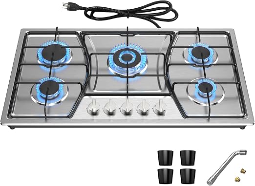 36 inch Gas Cooktop, Gas Stove Top with 5 High Efficiency Burners, Built-in Stainless Steel Propane Cooktop with Thermocouple Protection, NG/LPG Two Conversion