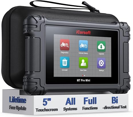iCarsoft Motorcycle Full System Diagnostic Tool for 21 Brand MT Pro Mini All Service Touchscreen Code Reader with Actuation Test AutoVIN Battery Test Free Update Motorbike and Car 2-in-1 OBD2 Scanner