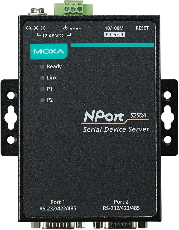 MOXA NPort 5250A - 2 Ports Device Server, 10/100M Ethernet, RS-232/422/485, DB9 Male, 15KV ESD, 0.5KV Serial Surge, 12~48VDC, 0~60°C