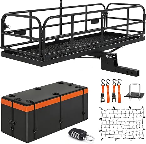 500 LBS Folding Hitch Cargo Carrier Basket 60" X 24" X 14.4"+ Waterproof Bag (59" 24" 24"), Heavy Duty Cargo Rack Rear Luggage Basket Fits 2" Receiver for Car SUV Camping Traveling