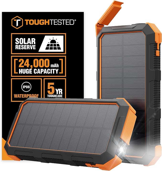 ToughTested 24000mAh Solar Power Bank, LED Flashlight, USB-C Fast Charging