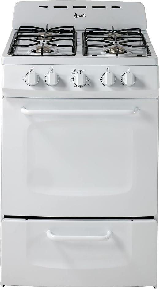 Avanti Gas Range Oven, Compact Freestanding Design, 2.6-Cu.Ft. Capacity 4 Sealed Burners with Electronic Ignition, Includes Broiler Storage Drawer and Accessories, 24-Inch, White