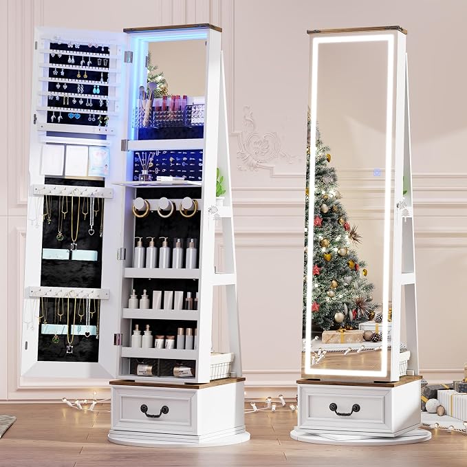 LED Mirror Jewelry Cabinet Standing, Jewelry Armoire Organizer