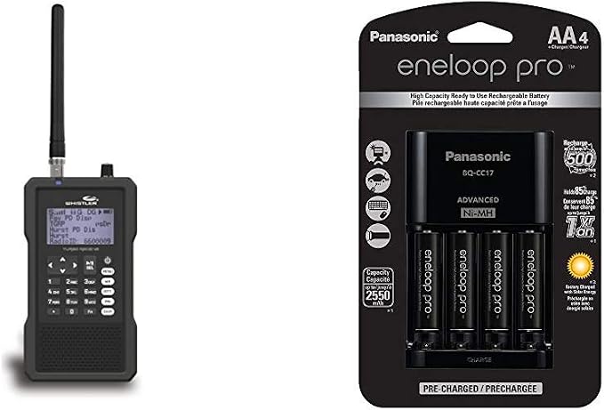 Whistler TRX-1 Handheld Digital Scanner Radio and Panasonic K-KJ17KHCA4A 4-Position Charger with AA eneloop PRO Rechargeable Batteries, 4 pk Bundle
