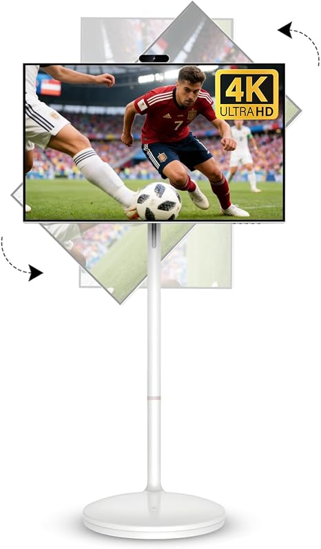 32 Inch 4K Smart Portable TV, Qualcomm CPU, EDLA-Certified, Built-in 20000mAh Battery, 8+128GB, Android OS, Rolling Touch Screen Monitor on Wheels, Air Remote Mouse, with 5MP Webcam