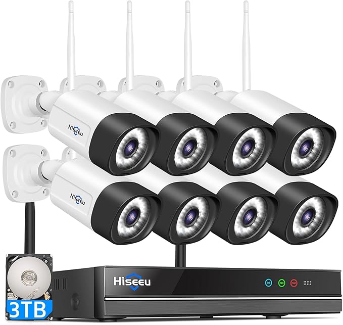 Hiseeu 5MP Outdoor WiFi Security Camera System, 10CH 8-Camera Kit, 3TB HDD | Color Night Vision, 2-Way Audio, IP66 Weatherproof, Storage, 24/7 Recording, No Monthly Fees